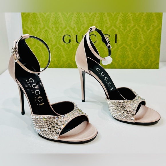 Gucci GG Crystal Embellished Rhinestones Heels Pink Satin Sandals Size 37.5 - Picture 3 of 16